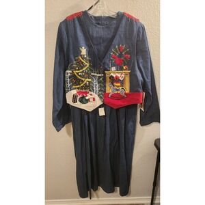 NWT denim maxi dress‎ with a reversible Christmas vest, women's 18.